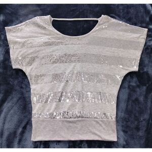 Women's Two Hearts Gray w/Silver Sequins Striped Top (Size Lg)